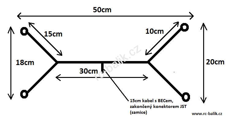 2x bílá + 2x červená 5mm LED dioda s kabeláží + BEC