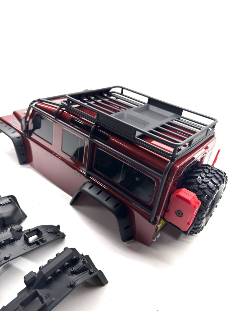 Traxxas bezsponková kompletní karosérie Land Rover Defender červená: TRX-4 + sada na přestavbu