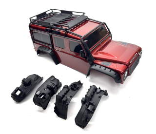 Traxxas bezsponková kompletní karosérie Land Rover Defender červená: TRX-4 + sada na přestavbu